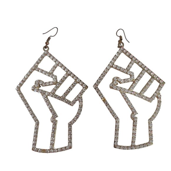black power to the people silver rhinestone sparkle oversize large earrings - Picture 1 of 5